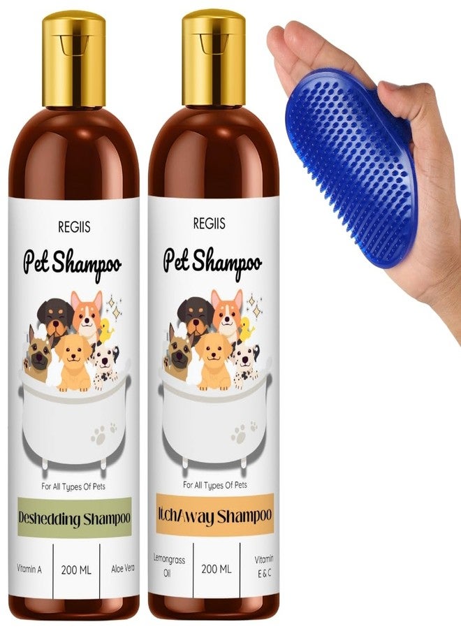 مجموعة شامبو ريجيس للحيوانات الأليفة، تركيبة لإزالة الشعر الزائد والحكة، 200 مل لكل عبوة مع فرشاة استحمام، لجميع الحيوانات الأليفة - Image 1